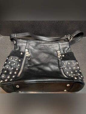 B Makowski pebbled black leather Hobo Bag with leopard print lining 
Y2K